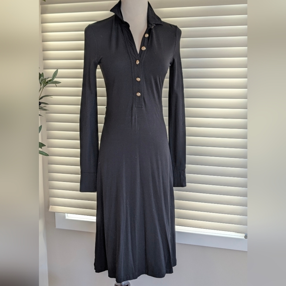 J. Crew V neck midi dress, gold Buttons, Black, size XS